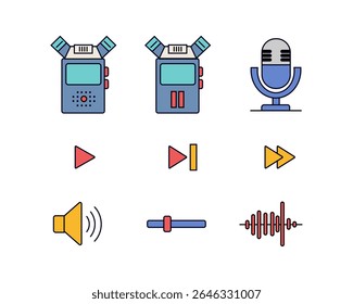A vibrant audio icon set perfect for podcasts, recording, and media apps. Clean lines, bold colors, and user-friendly design enhance interface appeal.
