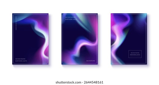 Cartazes de fundo de gradiente vibrante aurora com efeito de luzes do norte. Ondas neon etéreo roxo, azul e rosa fluindo. Projetos vetoriais modernos para projetos criativos com energia cósmica luminosa.