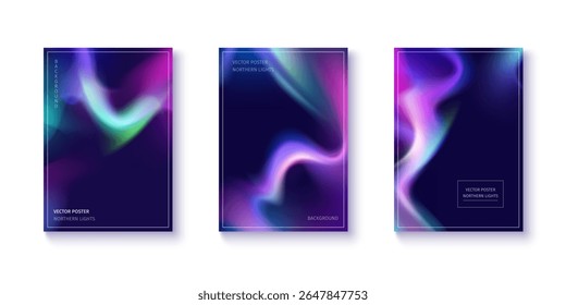 Vibrant aurora gradient background posters with northern lights effect. Neon ethereal purple, green and pink flowing waves. Modern vector designs for creative projects with luminous cosmic energy.