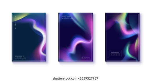 Afiches vibrantes del fondo del gradiente de la aurora con el efecto de las luces del norte. Neón etéreo púrpura, verde y azul que fluye ondas. Diseños de Vector modernos para proyectos creativos con energía cósmica luminosa.