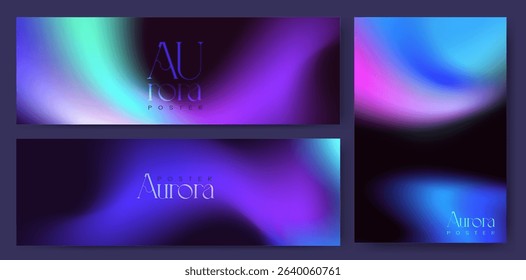 Vibrant aurora gradient backgrounds with neon frame borders - blue, green and purple color blend templates for modern digital design, futuristic presentations and glowing abstract wallpaper layouts.