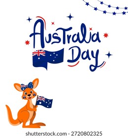 Design vibrante do Dia da Austrália com um canguru saltitante segurando uma bandeira com estrelas festivas e tipografia azul para celebrações de feriados nacionais.