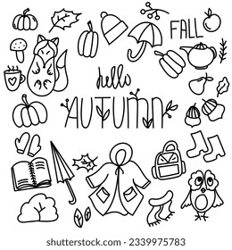 Vibrant autumn doodle illustration featuring colorful leaves, pumpkins, and acorns on a clean white background. Perfect for adding seasonal charm to your designs and creative projects. Vector