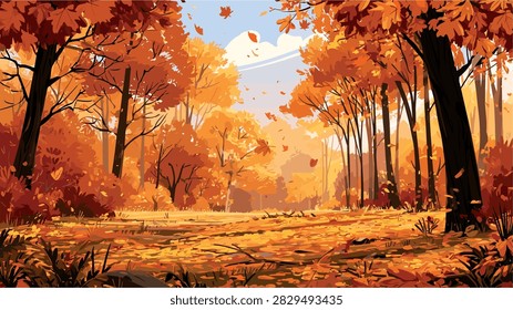 Vibrant Autumn Forest Landscape with Falling Golden Leaves