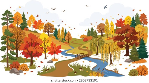 Vibrant autumn forest landscape vector illustration featuring a winding river and wooden bridge surrounded by colorful trees and falling leaves