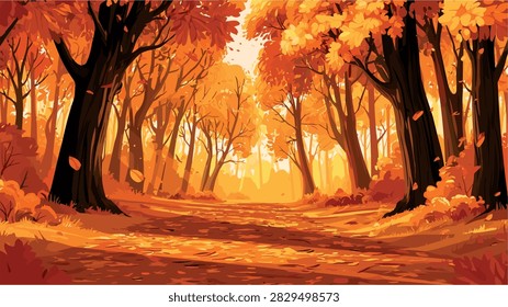 Vibrant Autumn Forest Path with Golden Sunlight Illustration