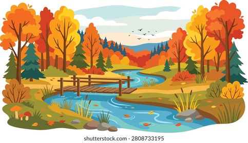 Vibrant autumn forest vector illustration featuring a wooden bridge over a flowing river with colorful trees and birds flying above