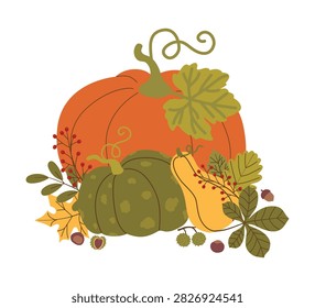 Vibrant autumn harvest composition with three different pumpkins, colorful fall leaves, red berries and chestnuts. Isolated vector illustration of ripe squashes and gourds for thanksgiving.