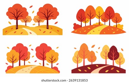 Vibrant autumn landscapes featuring trees and paths on rolling hills with falling leaves
