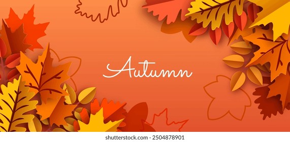 Vibrant autumn leaves in paper cut style on a warm orange background. Vector Illustration.