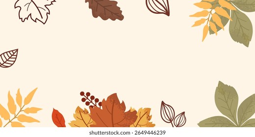 Vibrant autumn leaves in various colors surround the edges of the banner, creating a cozy atmosphere perfect for seasonal promotions or celebrations. Ideal for fall-themed events.