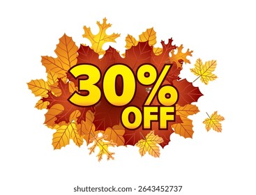 Vibrant autumn sale graphic featuring 30 percent off surrounded by colorful falling leaves creating an inviting seasonal discount concept