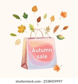 Vibrant autumn sale graphics featuring paper bags for shopping adorned with colorful leaves. Ideal for promoting seasonal sales and creating eye-catching marketing materials!