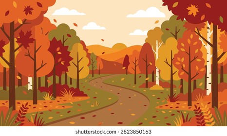 A vibrant autumn scene featuring a winding path through a forest with trees displaying rich fall colors under a cloudy sky.