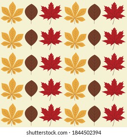 vibrant autumn seamless pattern with bright yellow chestnut, brown poplar and red maple leaves lined on light cream background