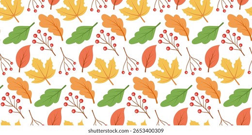 Ein lebendiges, nahtloses Herbstmuster mit bunten Blättern und Beeren, perfekt für saisonale Designs und Werbeaktionen. Vektorgrafik