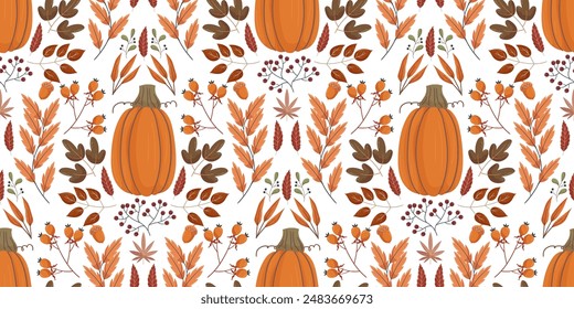 Vibrant autumn seamless pattern, large pumpkins surrounded by various fall leaves, berries, acorns, and branches. Festive design perfect for seasonal projects and decorations.