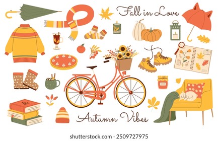 Vibrant autumn set for postcards and seasonal designs. Vector illustration for fall-themed projects, greeting cards, and festive decorations