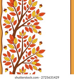 Vibrant autumn trees seamless tile pattern with colorful leaves and acorns for lively fall spaces concept as Colorful autumn leaves and acorns arranged seamlessly to create lively and vibrant fall spaces in Photo Stock Concept and empty space on the left side,no text --ar 7:2 --tile