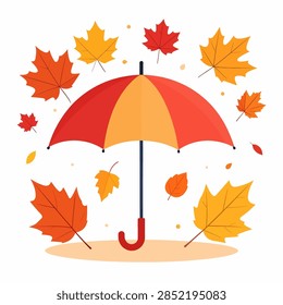 Vibrant autumn umbrella surrounded by falling leaves in warm colors, capturing the essence of fall weather and seasonal change.