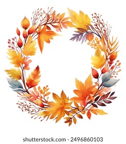 Vibrant autumn wreath of colorful leaves on white backdrop watercolor illustration, seasonal change in natures hues during fall, beauty of the transition from summer to winter vector artwork. 