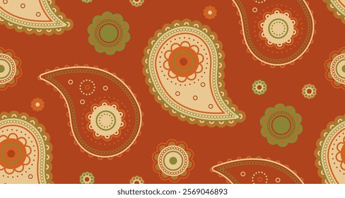 Vibrant autumnal paisley pattern.  Warm earthy tones create a stylish, repeating design perfect for textile prints, fall-themed projects, or website backgrounds.