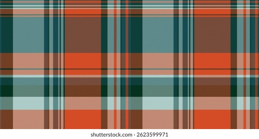 Vibrant autumnal plaid pattern in orange, teal, and beige. Perfect for textile design, apparel, website backgrounds, or fallthemed projects.