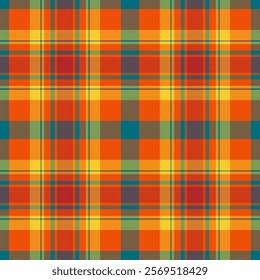 Vibrant autumnal plaid pattern.  Perfect for textile design, fall-themed projects, and creating warm, inviting visuals. This seamless texture offers a rich, colorful backdrop for various applications.
