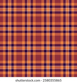 Vibrant autumnal plaid pattern in warm orange and deep purple hues. Perfect for textile design, fallthemed projects, website backgrounds, or apparel.  Seamless repeat for easy application.