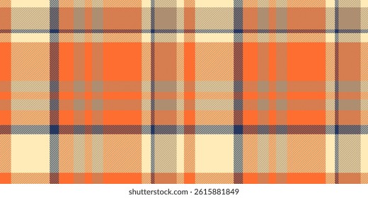 Vibrant autumnal plaid pattern in warm orange, beige, and navy tones. Perfect for fallthemed designs, textile prints, website backgrounds, and apparel.