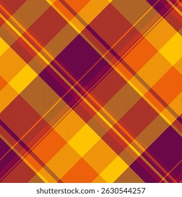 Patrón de cuadros otoñales vibrantes en naranjas cálidas, amarillos y púrpuras profundos.  Perfecto para diseños falsos, estampados textiles o fondos de Sitio web.