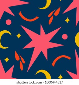 Vibrant autumnal vector seamless pattern with pink stars, yellow moons and abstract shapes on dark blue background