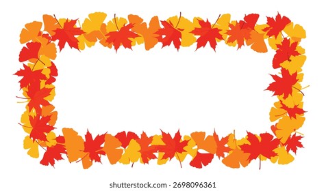Um quadro retangular com tema de outono vibrante composto por colorido vermelho, laranja e amarelo bordo e folhas de ginkgo, perfeito para desenhos sazonais e bordas.