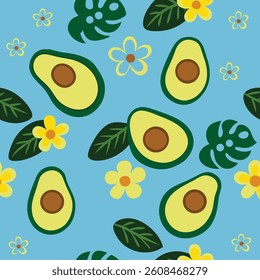 Vibrant Avocado and Floral Seamless Pattern with Tropical Leaves