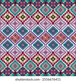 vibrant Aztec ethnic African seamless pattern featuring intricate geometric shapes mandala ornaments chevron details design incorporates bold colors red orange yellow brown green evoking boho native 