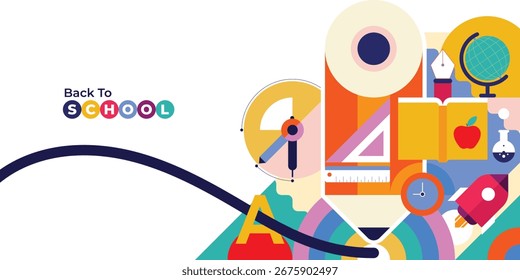 Vibrante fondo de regreso a la escuela con ilustración geométrica de estilo plano. Concepto de diseño colorido y moderno ideal para útiles escolares, Anuncios, carteles y promociones educativas