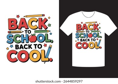 Vibrant Back to School design with playful lettering on a white tee. Includes colorful pencils, an apple illustration, and star graphics for a stylish back-to-school look.