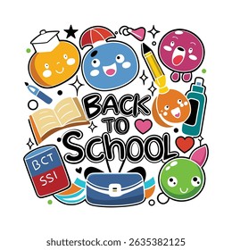 A vibrant "Back to School" graphic with cute, anthropomorphic school supplies.