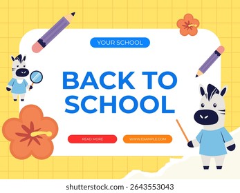 Vibrant "Back to School" graphic with playful animal characters, pencils, and hibiscus flowers perfect for school promotions, educational events, or academic marketing.