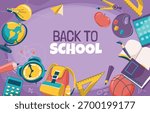 A vibrant "Back to School" illustration on a purple background, featuring educational items like a globe, backpack, calculator, art supplies, and sports equipment, symbolizing learning.
