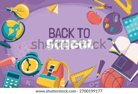 A vibrant "Back to School" illustration on a purple background, featuring educational items like a globe, backpack, calculator, art supplies, and sports equipment, symbolizing learning.