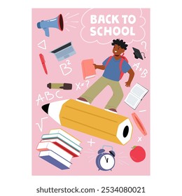 Vibrant Back To School Illustration Showcasing A Joyful Student Surrounded By Educational Materials Including Pencils, Books And An Alarm Clock On A Pink Background Emphasizing Learning And Creativity