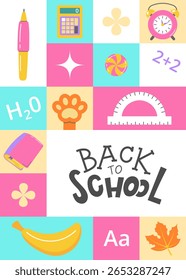 lebendiges Zurück zur Schule Poster mit bunten Schulsymbolen, darunter ein Stift, Taschenrechner, Uhr, Lesezeichen, Lineal, Buch, Banane, Alphabet und mehr, perfekt für pädagogische oder Zurück zur Schule Designs. 
