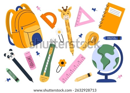 Vibrant Back to school set with backpack, globe, glue stick, utility knife, pastel crayons, cute pens, ruler, protractor, notebook, tape, and paper clips. Colorful flat illustration 