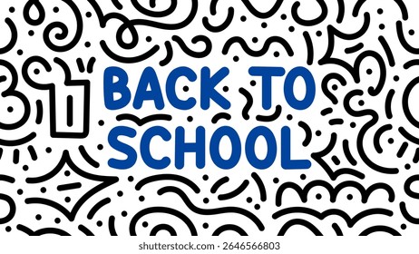 Vibrant back to school text with playful black and white doodle seamless pattern background. Vector illustration for education and learning concept.
