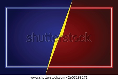A vibrant backdrop features a stark contrast between a blue and red panel, each bordered by a bright neon frame. A jagged yellow line, suggestive of a lightning bolt, divides the two sections, adding 