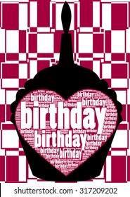 vibrant background with birthday cake illustration and birthday heart design together Birthday words create Love heart illustration together One candle  birthday celebration black silhouette design