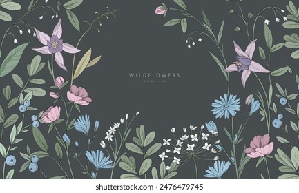 Vibrant background with colorful flowers and trendy botanical elements. Retro hand drawn leaves branches and blooming. Modern elegant wildflowers for invitation save the date card