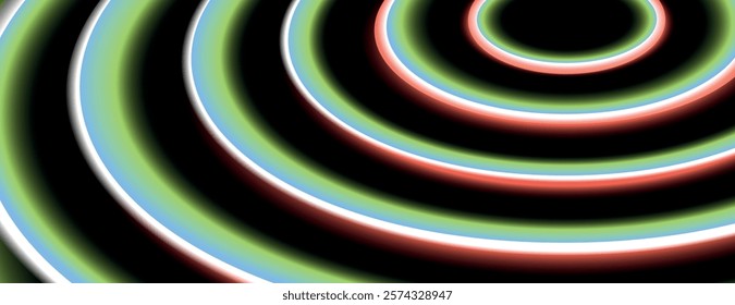 A vibrant background with concentric circles in black, green, and red. The background has a glowing, smooth texture with black and green hues. Circular pattern background. Green background vector.