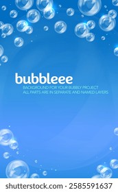 Vibrant background features delicate bubbles floating against soothing blue backdrop, perfect for various bubbly themed projects and designs. Vector illustration.